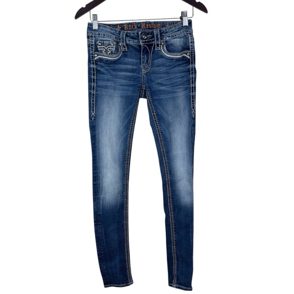 Rock Revival Ena Skinny Jeans Dark Wash Blue  Women's Size 25 Rhinestones - Picture 1 of 9
